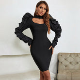 High Neck Long Sleeve Cut Out Mini Bandage Dress PZC1531