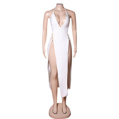 Vestido midi de vendaje con abertura y cuello halter sin mangas PZC1578