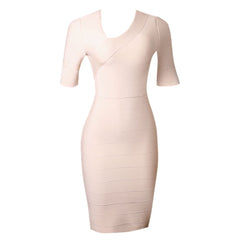 Gestreiftes Midi-Bandage-Kleid mit V-Ausschnitt und kurzen Ärmeln PZC1693