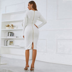 Rundhals-Langarm-Midi-Bandage-Kleid mit Rüschen PZL3001