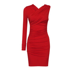 Asymmetrisches Mini-Bodycon-Kleid mit Rundhalsausschnitt und langen Ärmeln SJ031810