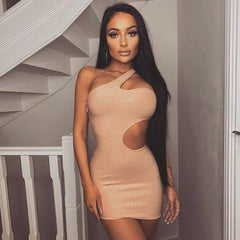 Vestido mini de vendaje con un hombro, sin mangas y cortes SW003