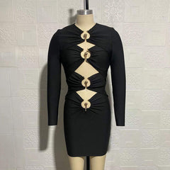 Mini-Bandage-Kleid mit Rundhalsausschnitt und langen Ärmeln und Metallnieten SW6526
