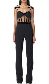 Jumpsuit aus Netzstoff mit Riemchen und Perlen