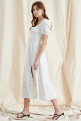 White Floral Puff Sleeve Maxi Dress