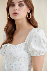 White Floral Puff Sleeve Maxi Dress