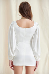 White Plunge Puff Sleeve Mni Dress