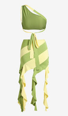 Zweiteiliges Kleid mit unregelmäßiger Quaste in Moosgrün
