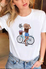 Carton Print Round Neck Short Sleeve Tops