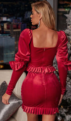 Minikleid aus Samt mit Puffärmeln in Weinrot