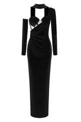 Trägerloses Maxikleid aus Samt mit einer Schulter und Netzstoff