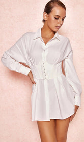 White Cinched Waist Shirt Dress