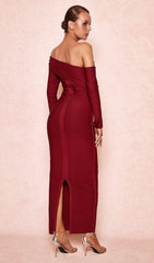 Wine Draped Shoulder Maxi Bandage Dress