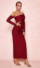 Wine Draped Shoulder Maxi Bandage Dress