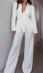 White V Neck Long Sleeves Sashes Suit