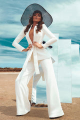 White V Neck Long Sleeves Sashes Suit