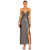 Vestido maxi ajustado con lentejuelas y sin mangas con cuello halter