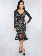 Vestido de encaje con escote en V, manga larga y dobladillo de cola de pez