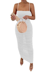 Solid color mesh see-through halter Pleated dress