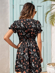 V-neck Ladies Fashion Digital Printed Puff Sleeve Dress