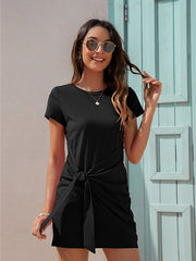 Round neck knotted short sleeve dress