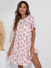 Vestido holgado con cuello redondo, mangas con volantes y estampado floral
