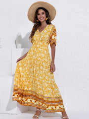 Vestido de talle alto con vuelo y estampado de moda con cuello en V