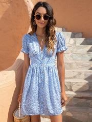 Vestido casual de cintura alta con mangas abullonadas y estampado