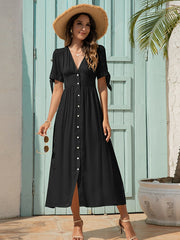 V-Neck High Waist Cuff Tie Dress