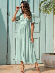 V-Neck High Waist Cuff Tie Dress