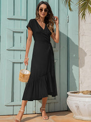 Vestido ajustado sencillo irregular con cuello en V y lazo