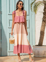 Vestido largo con tirantes y costuras en contraste de color