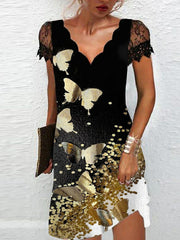 V-Neck Lace Short Sleeve Dress