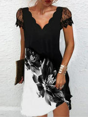 V-Neck Lace Short Sleeve Dress