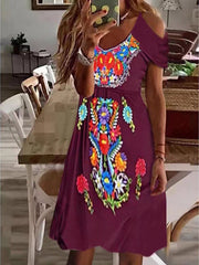 Bohemian V-Ausschnitt Off-the-Shoulder Kurzarmkleid