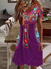 Bohemian V-Ausschnitt Off-the-Shoulder Kurzarmkleid