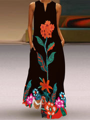 Vestido largo estampado con cuello en V y sin mangas