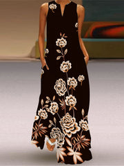 Vestido largo estampado con cuello en V y sin mangas