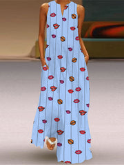 Vestido largo estampado con cuello en V y sin mangas