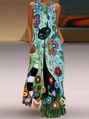 Ärmelloses Maxikleid mit V-Ausschnitt und Print