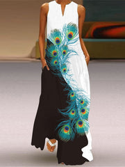 Vestido largo estampado con cuello en V y sin mangas