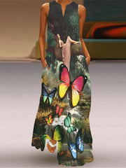 Printed V-Neck Sleeveless Summer Sexy Dress