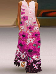 Vestido largo estampado con cuello en V y sin mangas