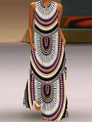 Vestido europeo con falda larga, sin mangas, cuello en V y bolsillo estampado