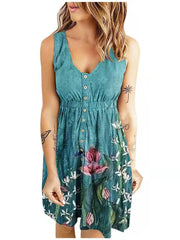 Printed Button Casual Tank Top Dress