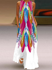 Vestido europeo con falda larga, sin mangas, cuello en V y bolsillo estampado