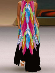 Vestido europeo con falda larga, sin mangas, cuello en V y bolsillo estampado