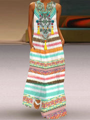 Vestido europeo con falda larga, sin mangas, cuello en V y bolsillo estampado