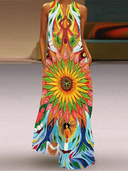 Vestido europeo con falda larga, sin mangas, cuello en V y bolsillo estampado