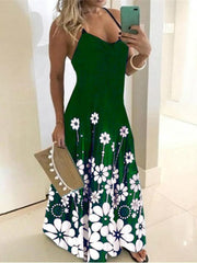 V-neck Positioning Floral Suspender Dress